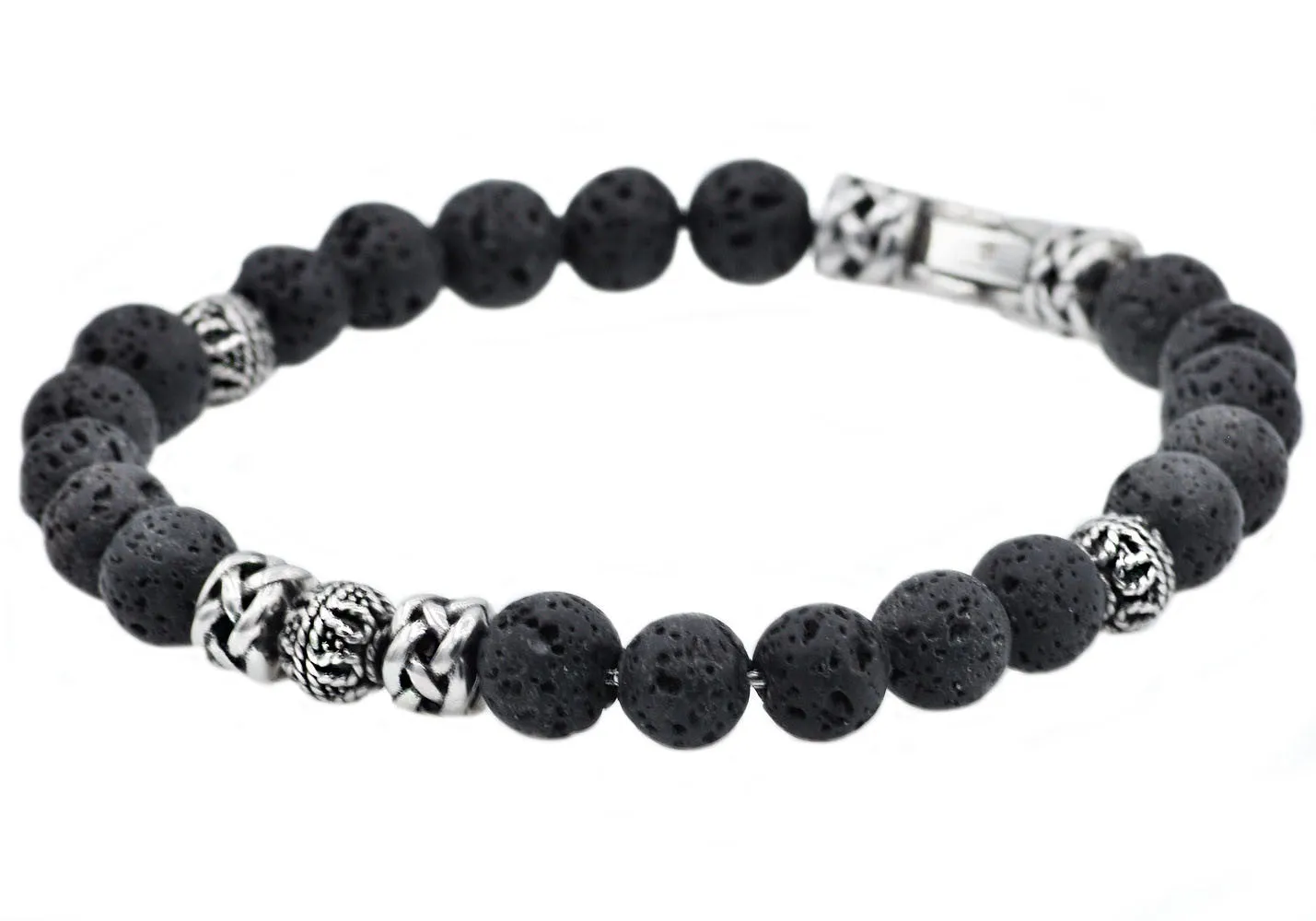Mens Genuine Lava Stone Stainless Steel Bracelet