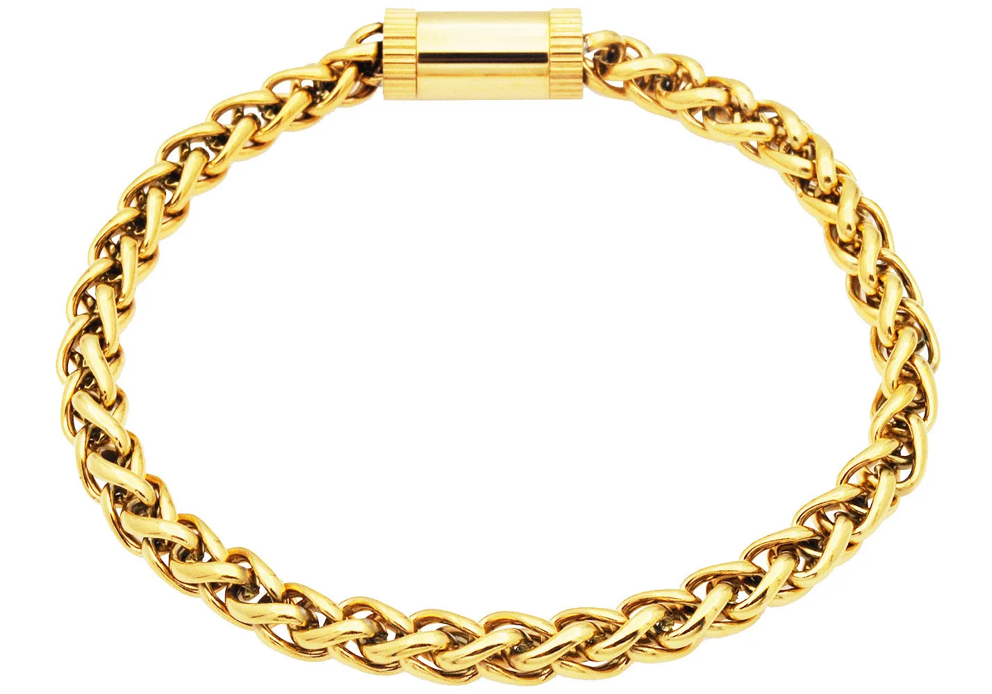 Mens Gold Plated Stainless Steel Wheat Link Chain Bracelet With Magnetic Clasp