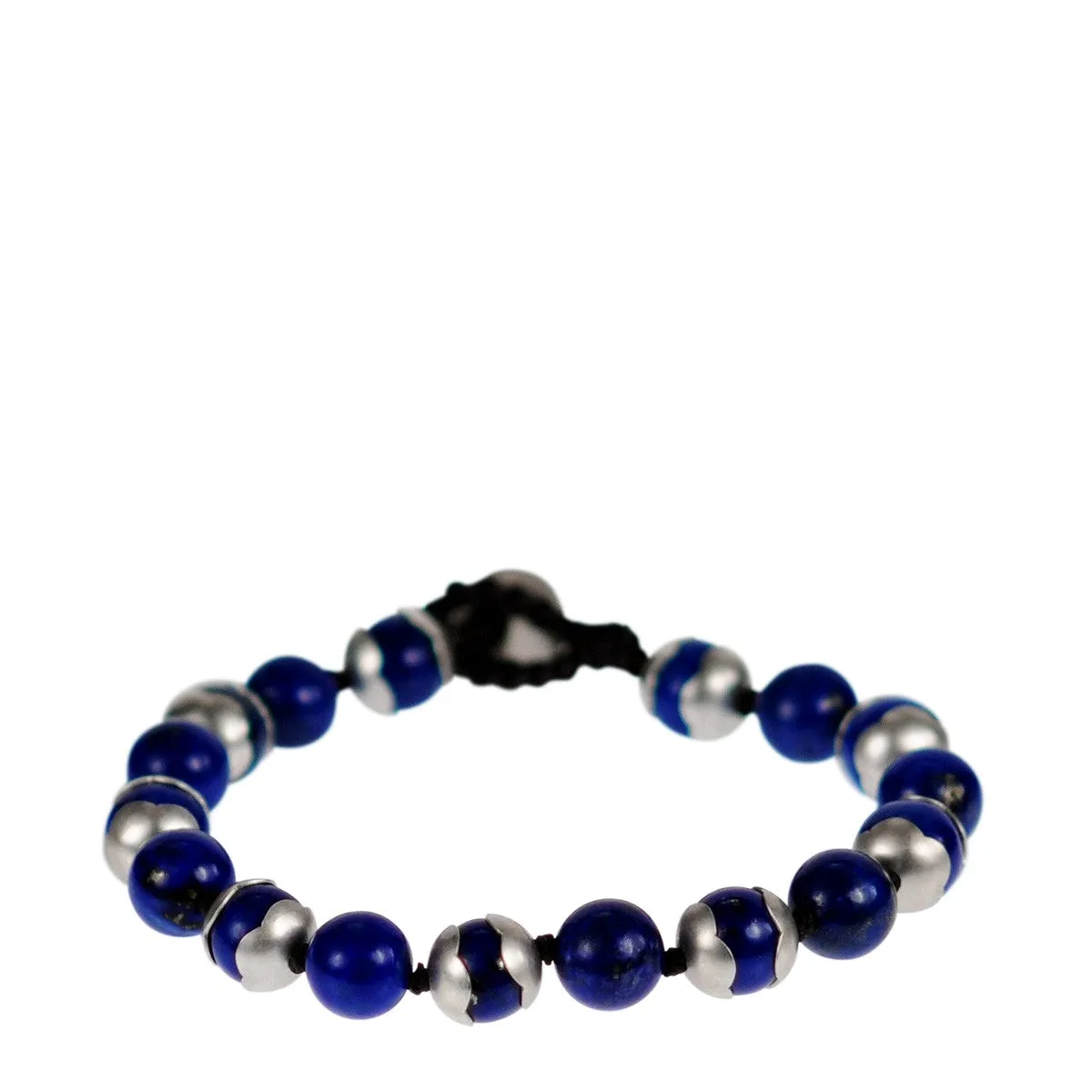 Men's Sterling Silver Flower Cap Lapis Bead Bracelet on Cord