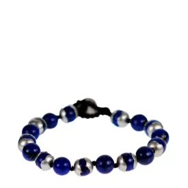 Men's Sterling Silver Flower Cap Lapis Bead Bracelet on Cord