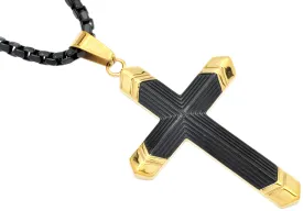 Men's Two-Toned Black With Gold Tipped Stainless Steel Cross Pendant With 24" Box Chain