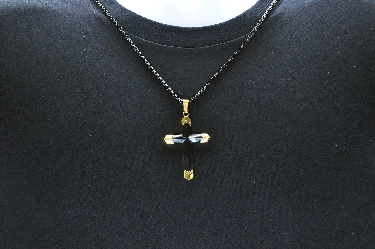 Men's Two-Toned Black With Gold Tipped Stainless Steel Cross Pendant With 24" Box Chain