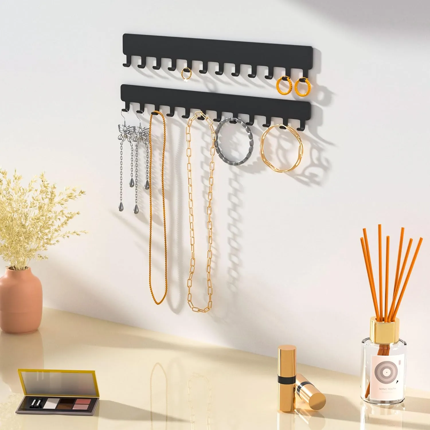 Necklace Holder Hanging Jewelry Organizer - Jewelry Organizer for Necklace, Self-Adhesive Necklace Organizer, Wall Jewelry Organizer,2 PCS, Black, HKUSJJ0030B2