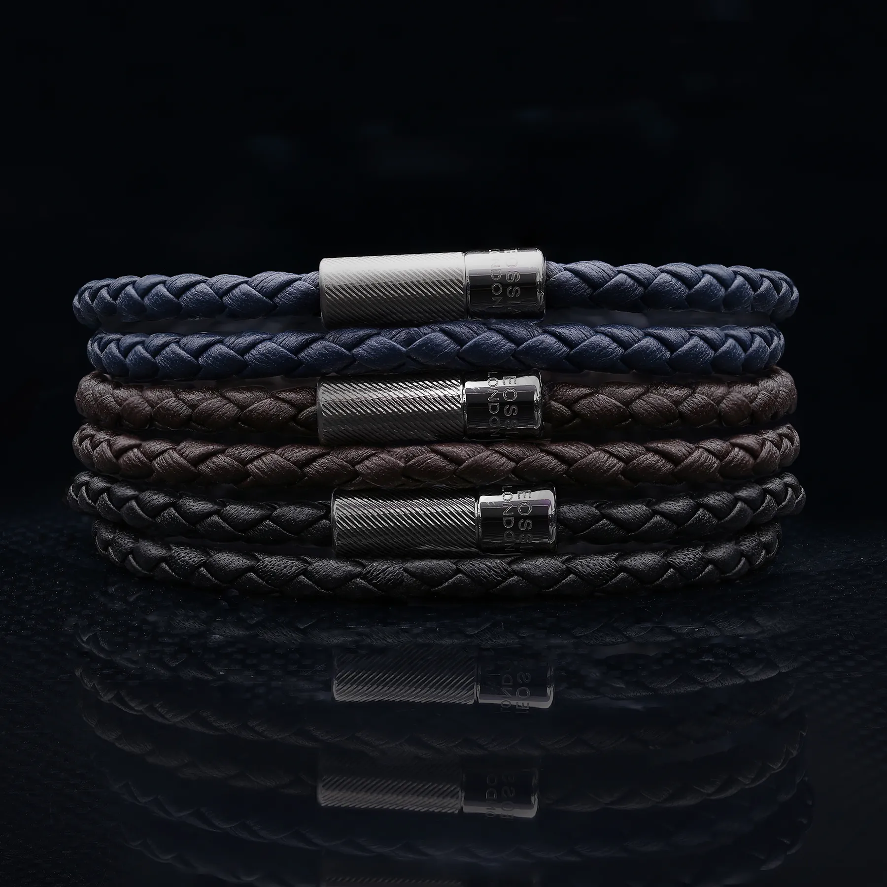 Pop Rigato Double Wrap Leather Bracelet In Navy With Black Ruthenium Silver