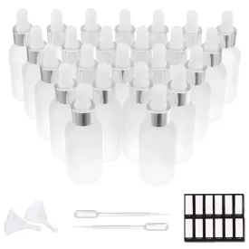 PrettyCare Eye Dropper Bottle 1 oz (24 Pack Frosted Glass Bottles 30ml with Silver Caps, 48 Labels, Funnel & Measured Pipettes) Empty Tincture Bottles for Essential Oils, Perfume
