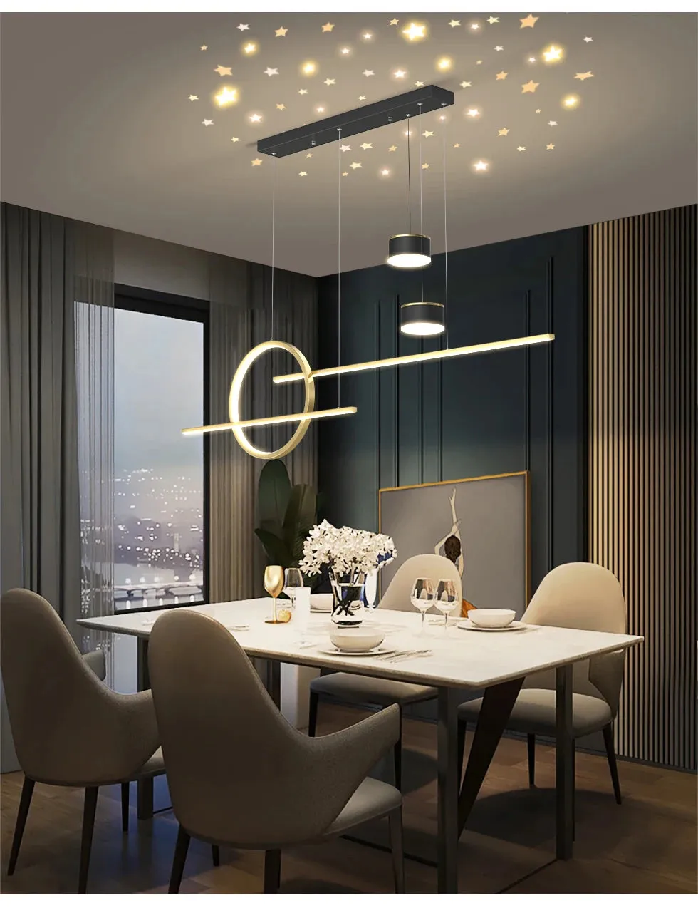 QIYI Yume Black / Gold Nordic Style LED pendant lights hanging lamps with Stars Projector