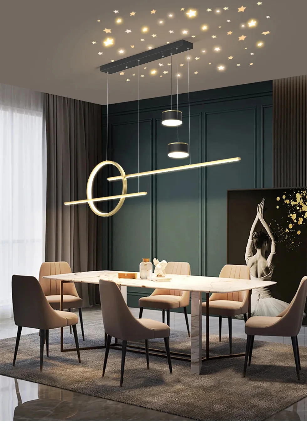 QIYI Yume Black / Gold Nordic Style LED pendant lights hanging lamps with Stars Projector