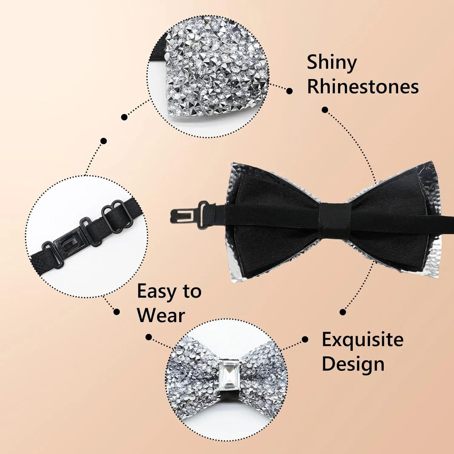 Rhinestone Bow Tie for Men Pre-tied Adjustable Bowtie, Sparkly Men's Bow Ties for Wedding Party Banquet Prom