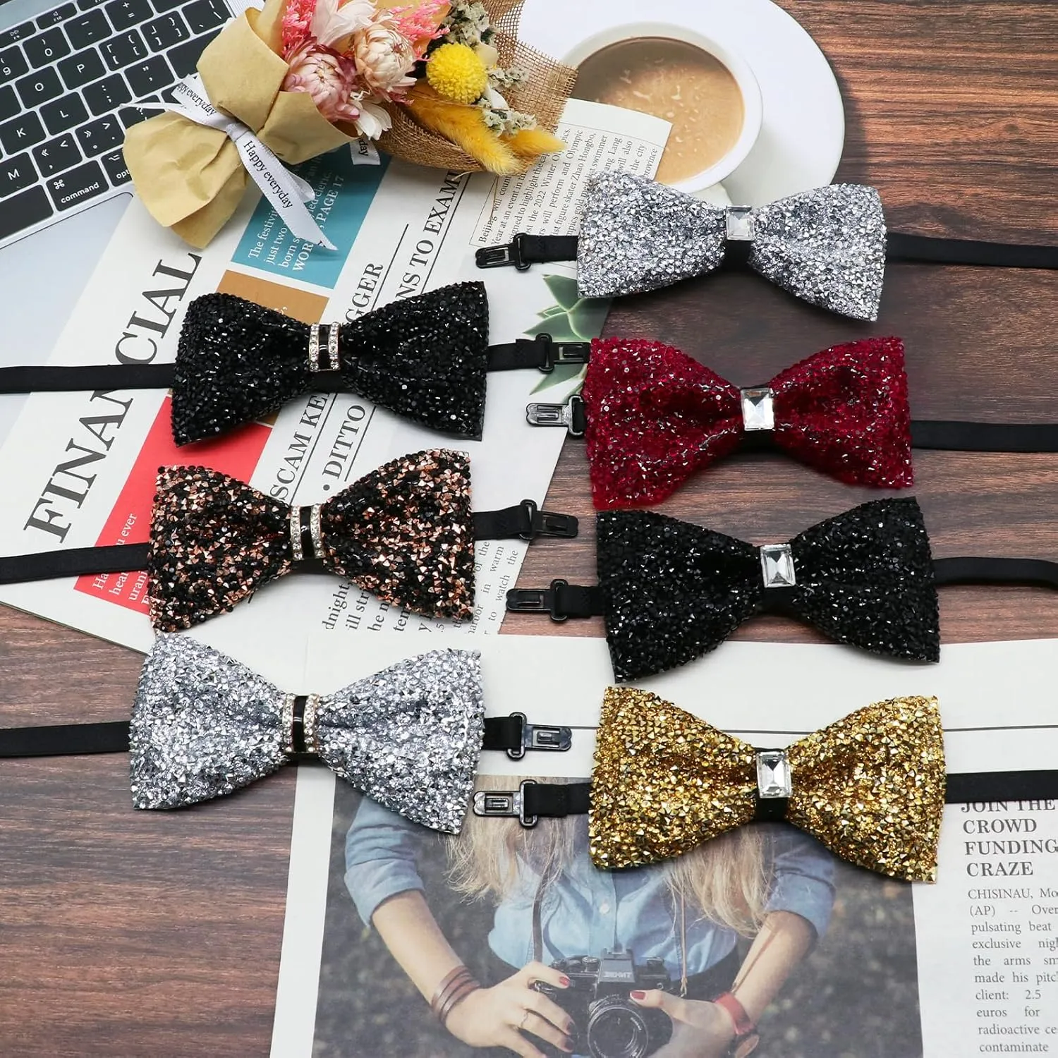 Rhinestone Bow Tie for Men Pre-tied Adjustable Bowtie, Sparkly Men's Bow Ties for Wedding Party Banquet Prom