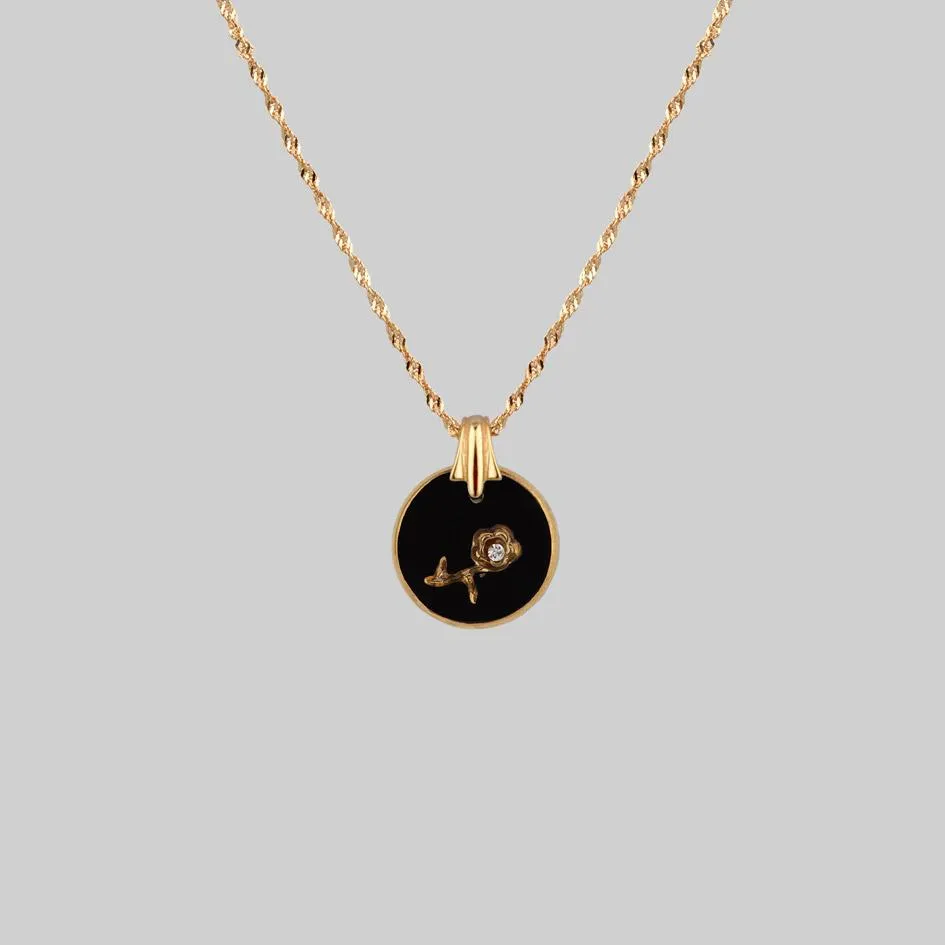 ROSE. Vintage Jet Black Glass Engraved Rose Pendant Necklace