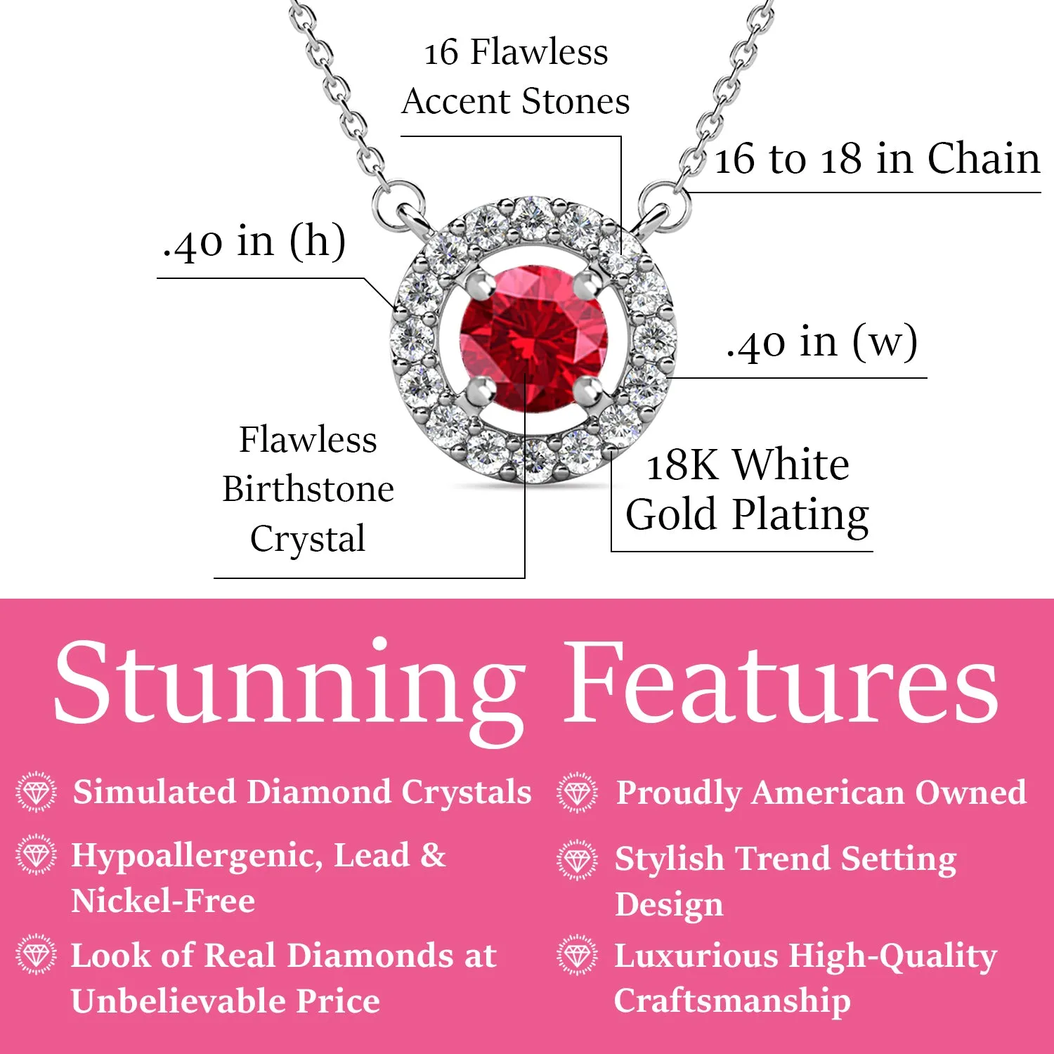 Royal July Birthstone Ruby Necklace, 18k White Gold Plated Silver Halo Necklace with Round Cut Crystal