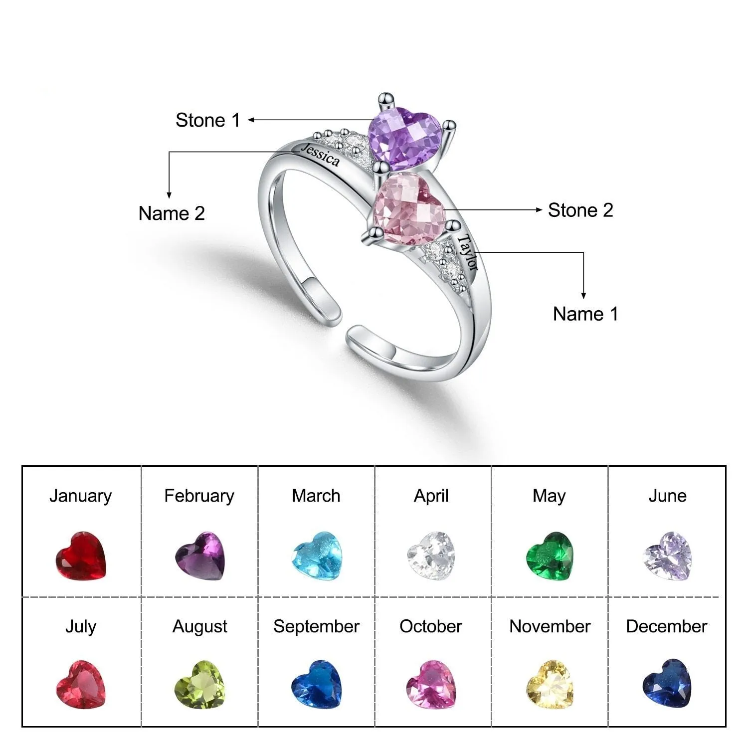 Serene Heart CZ Custom Birthstones Ring