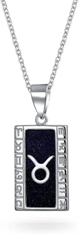 Sparkling Goldstone Gemstone Celestial Constellation Astrology Sign Horoscope Zodiac Dog Tag Style Pendant Necklace For Women Men .925 Sterling Silver Rectangle