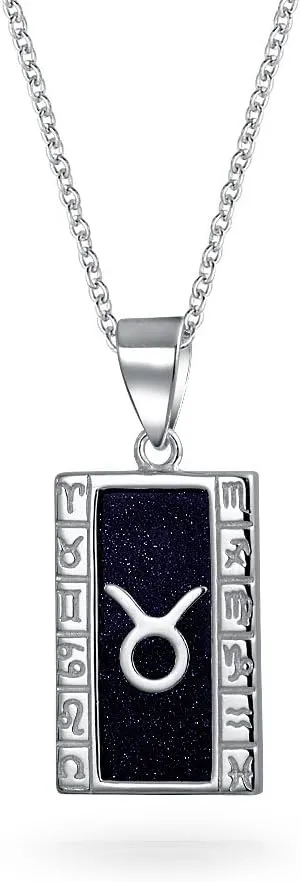 Sparkling Goldstone Gemstone Celestial Constellation Astrology Sign Horoscope Zodiac Dog Tag Style Pendant Necklace For Women Men .925 Sterling Silver Rectangle