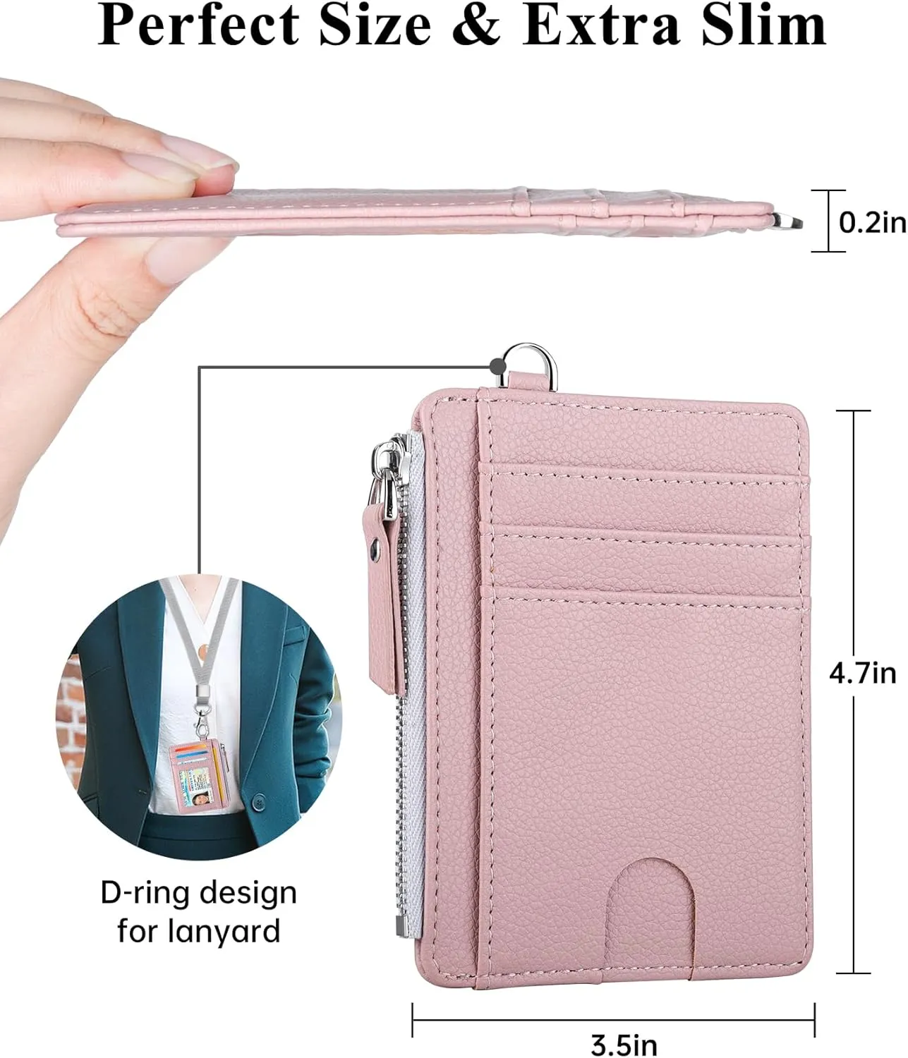 Teskyer Slim Minimalist Wallet, RFID Blocking Credit Card Holder Leather Wallet with Zipper Pocket for Men Women - Lichee Dark Pink