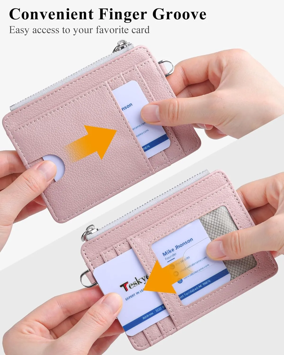 Teskyer Slim Minimalist Wallet, RFID Blocking Credit Card Holder Leather Wallet with Zipper Pocket for Men Women - Lichee Dark Pink