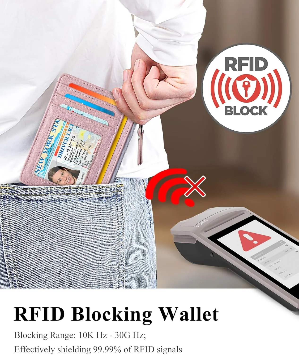 Teskyer Slim Minimalist Wallet, RFID Blocking Credit Card Holder Leather Wallet with Zipper Pocket for Men Women - Lichee Dark Pink