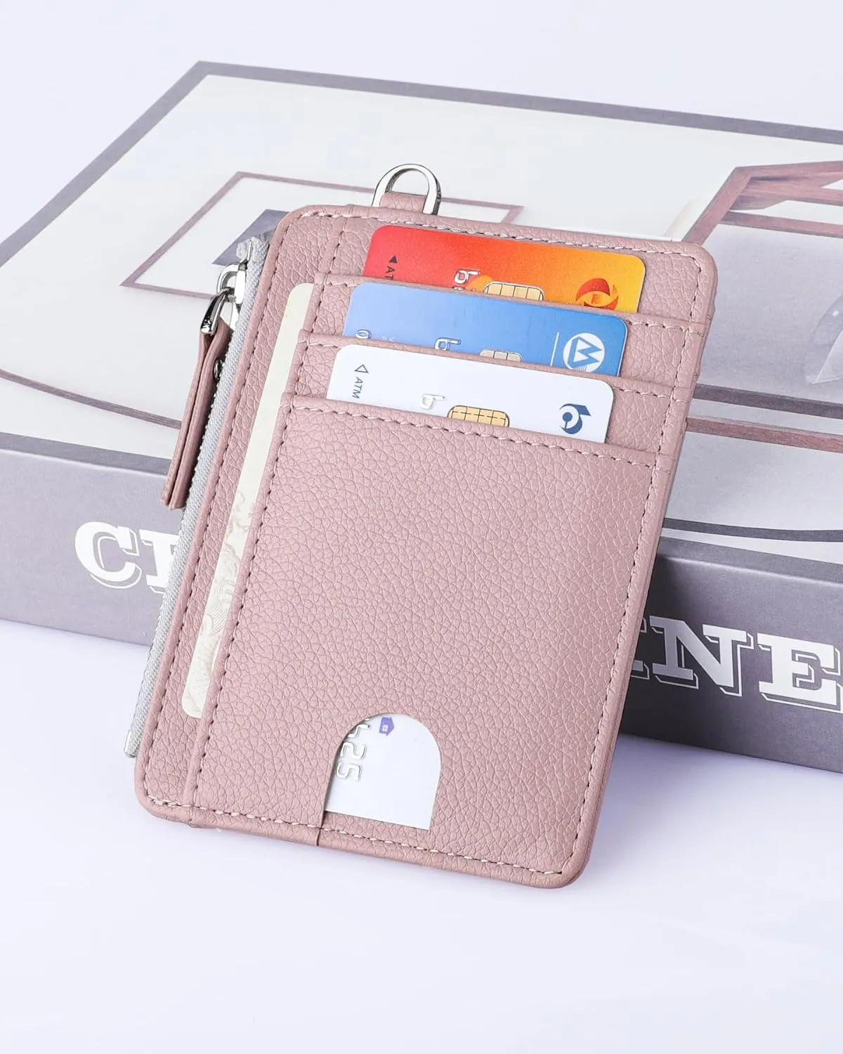 Teskyer Slim Minimalist Wallet, RFID Blocking Credit Card Holder Leather Wallet with Zipper Pocket for Men Women - Lichee Dark Pink