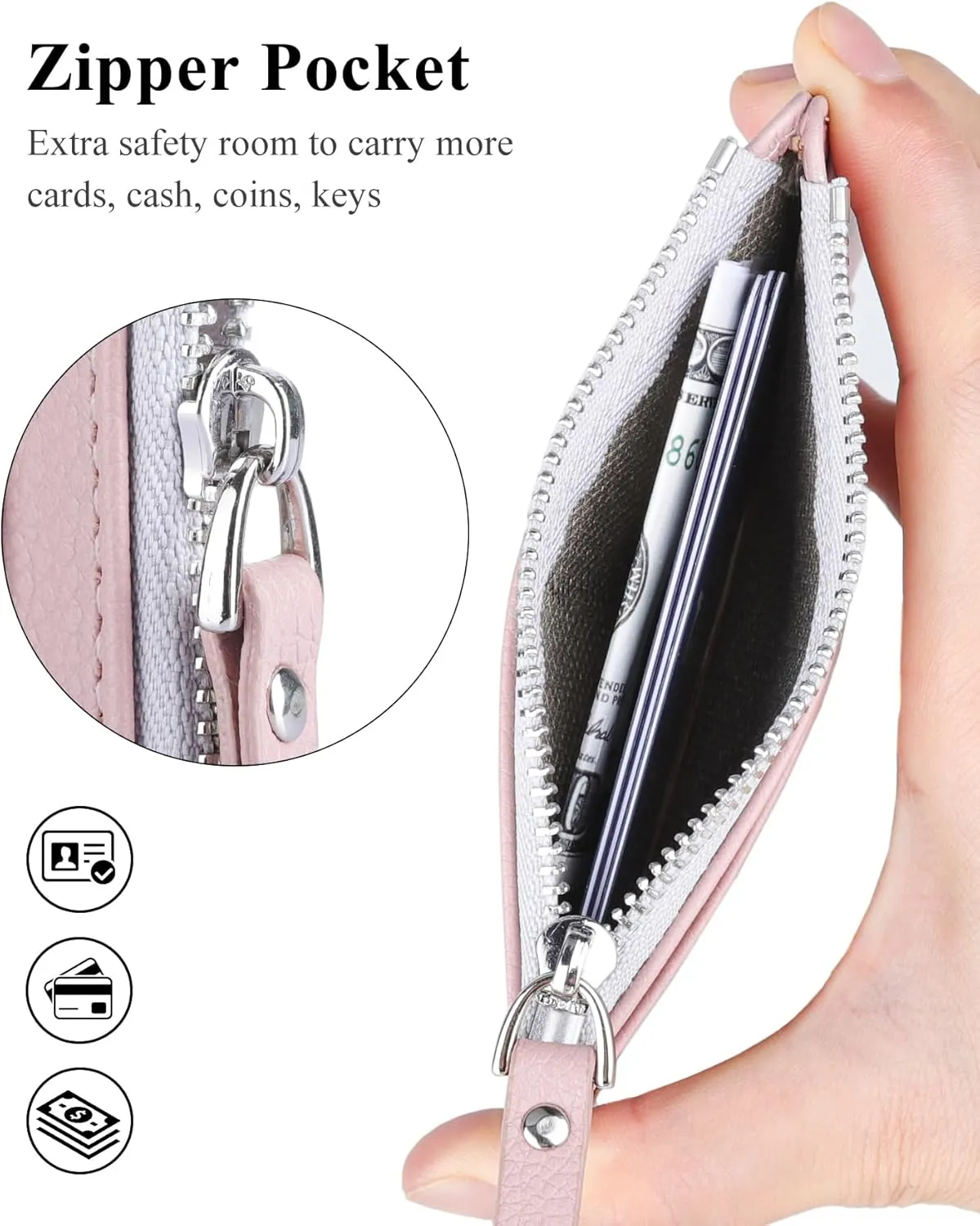 Teskyer Slim Minimalist Wallet, RFID Blocking Credit Card Holder Leather Wallet with Zipper Pocket for Men Women - Lichee Dark Pink