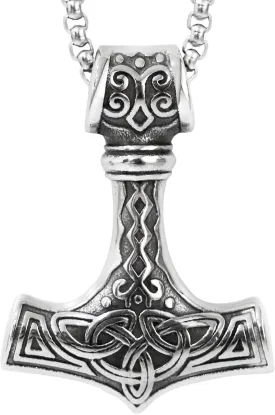 Thors Hammer Necklace with Wolf Head Stainless Steel Viking Mjolnir Necklace Byzantine Chain Norse Jewelry for Men