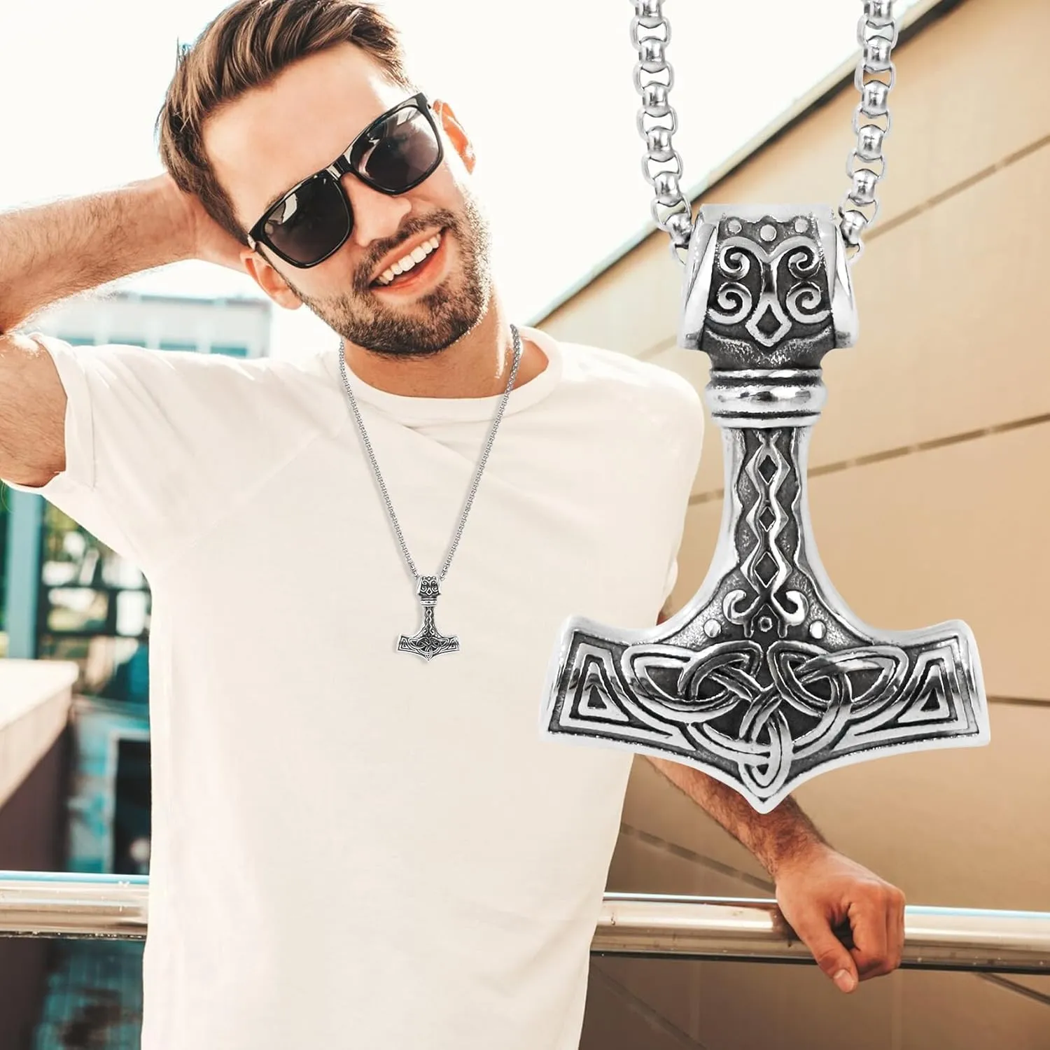 Thors Hammer Necklace with Wolf Head Stainless Steel Viking Mjolnir Necklace Byzantine Chain Norse Jewelry for Men