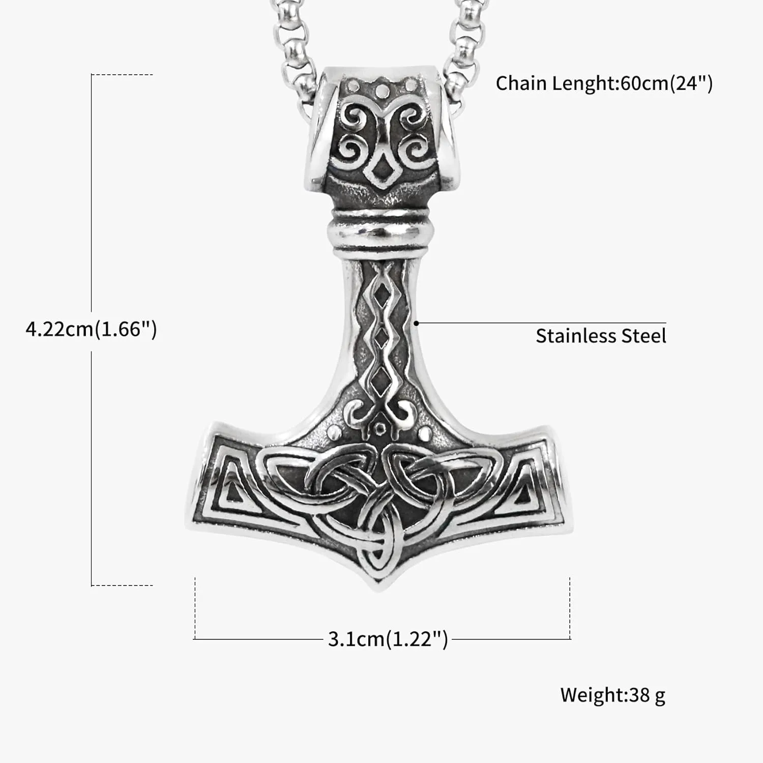 Thors Hammer Necklace with Wolf Head Stainless Steel Viking Mjolnir Necklace Byzantine Chain Norse Jewelry for Men