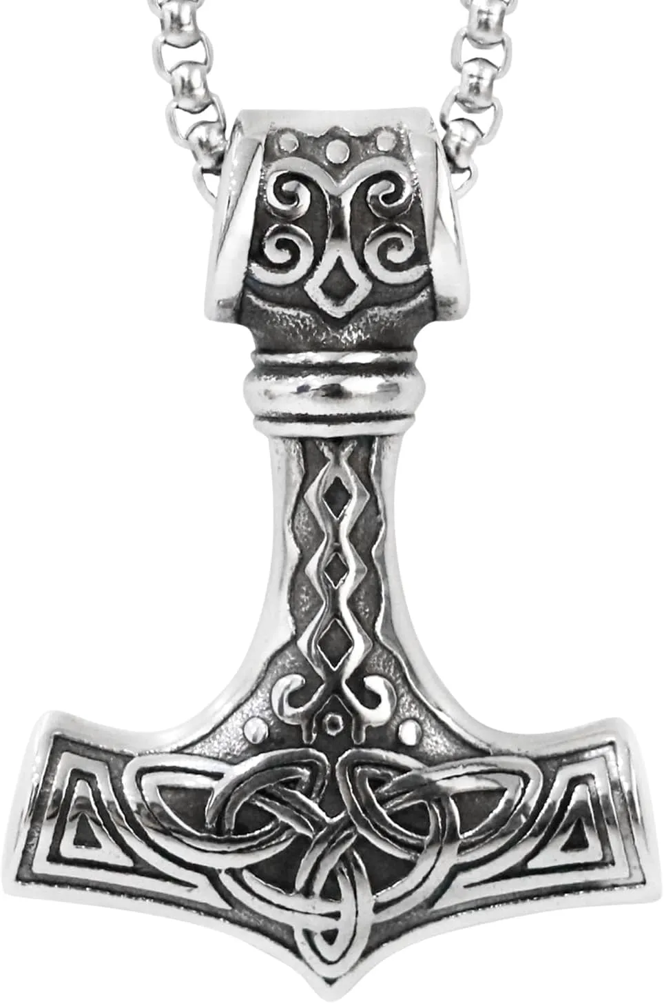 Thors Hammer Necklace with Wolf Head Stainless Steel Viking Mjolnir Necklace Byzantine Chain Norse Jewelry for Men