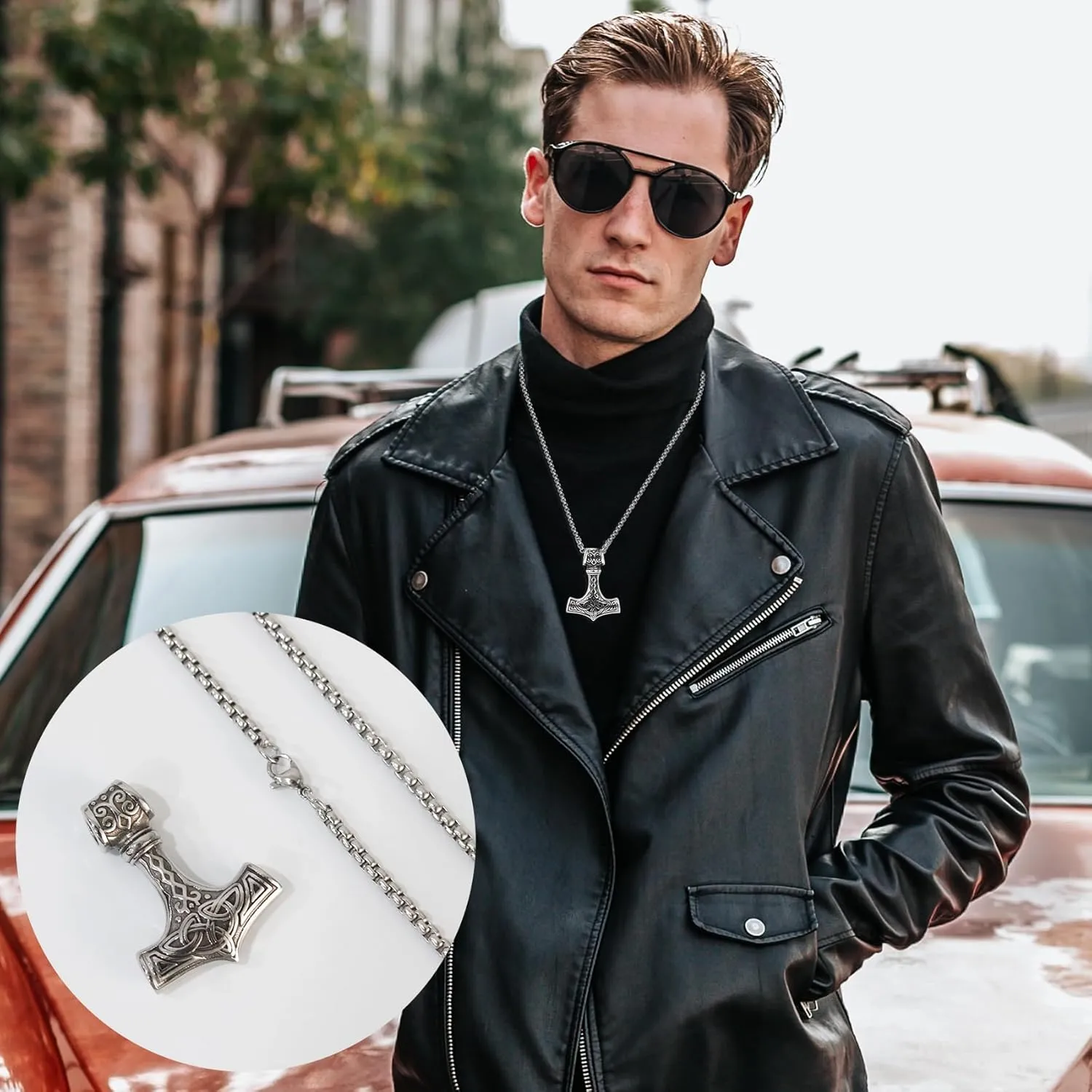 Thors Hammer Necklace with Wolf Head Stainless Steel Viking Mjolnir Necklace Byzantine Chain Norse Jewelry for Men