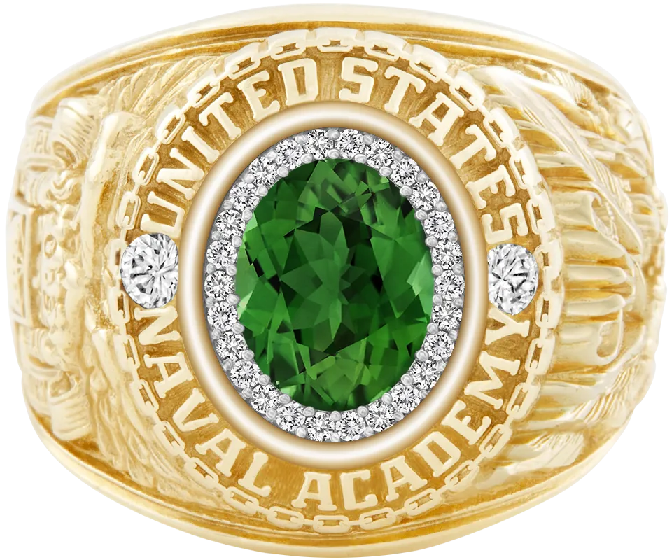 USNA Class Ring Mod™ with Green Tourmaline Centerpiece and Diamond Dividers