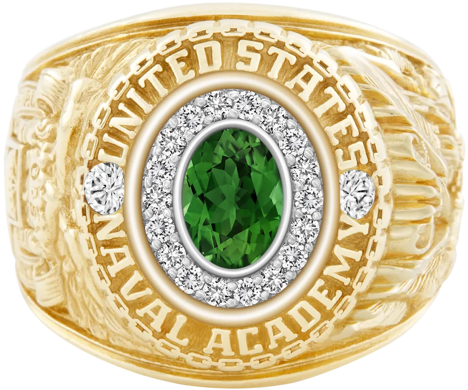 USNA Class Ring Mod™ with Green Tourmaline Centerpiece and Diamond Dividers