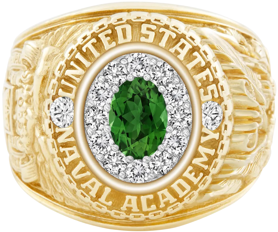 USNA Class Ring Mod™ with Green Tourmaline Centerpiece and Diamond Dividers