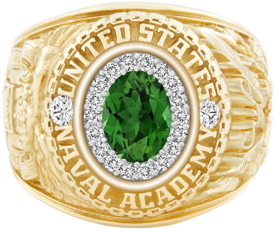 USNA Class Ring Mod™ with Green Tourmaline Centerpiece and Diamond Dividers