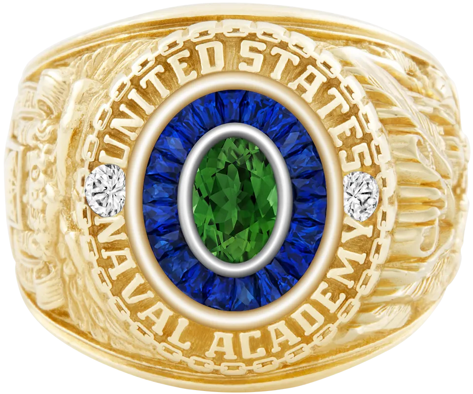 USNA Class Ring Mod™ with Green Tourmaline Centerpiece and Diamond Dividers