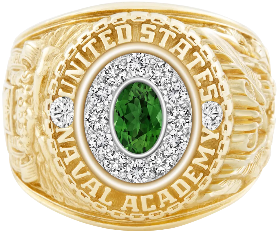USNA Class Ring Mod™ with Green Tourmaline Centerpiece and Diamond Dividers