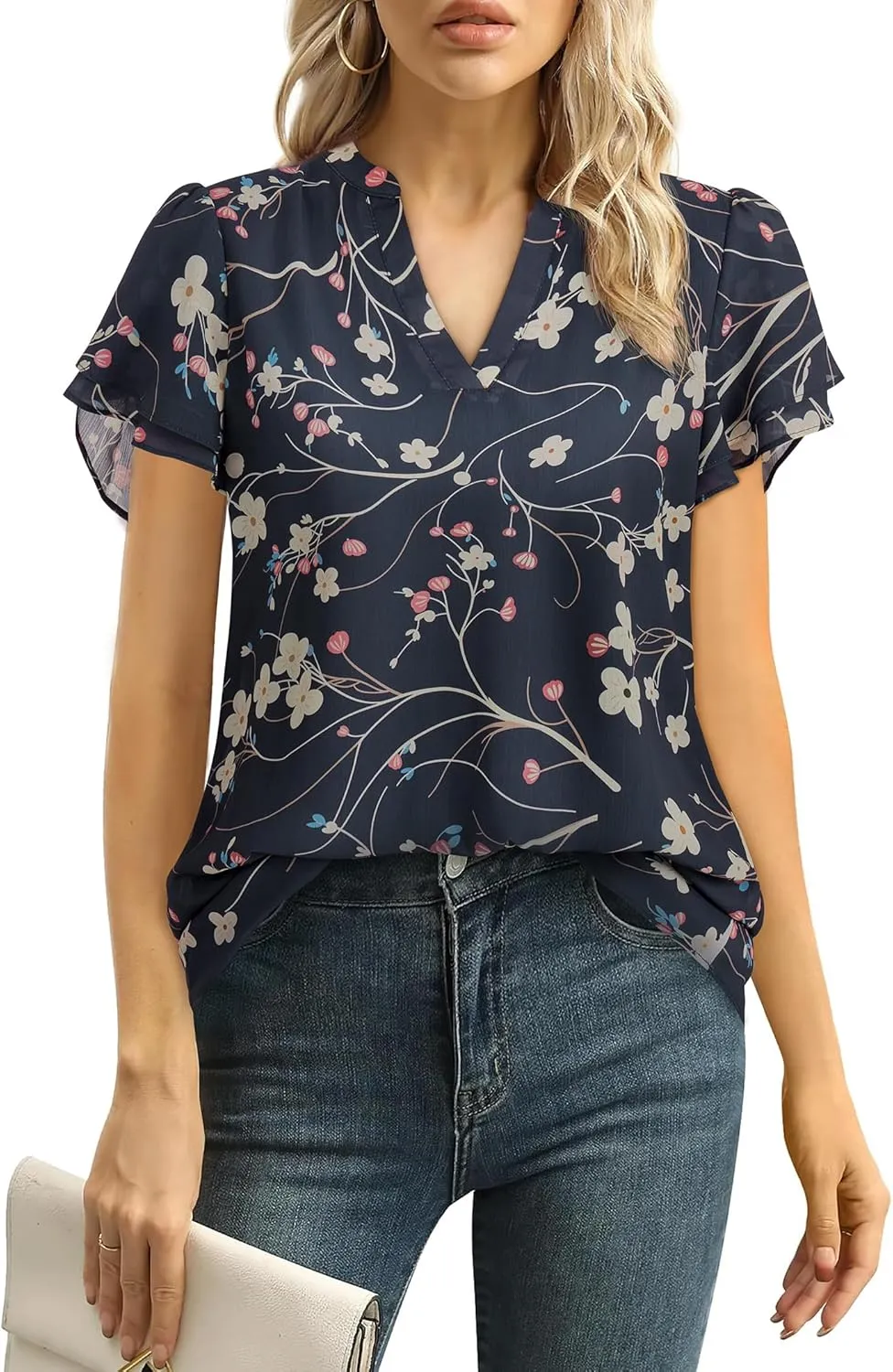 Women Tops Dressy Casual Short Sleeve Blouses Petal Ruffle Shirts V Neck Chiffon Work Business Tunic Double Layer