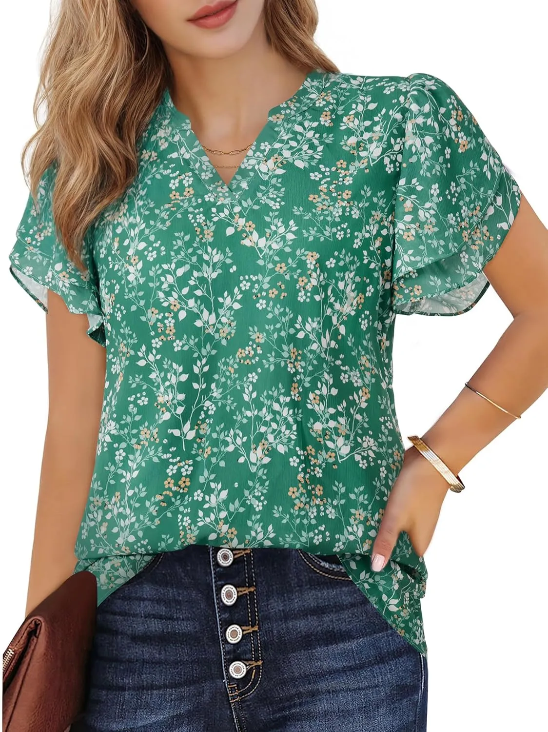 Women Tops Dressy Casual Short Sleeve Blouses Petal Ruffle Shirts V Neck Chiffon Work Business Tunic Double Layer