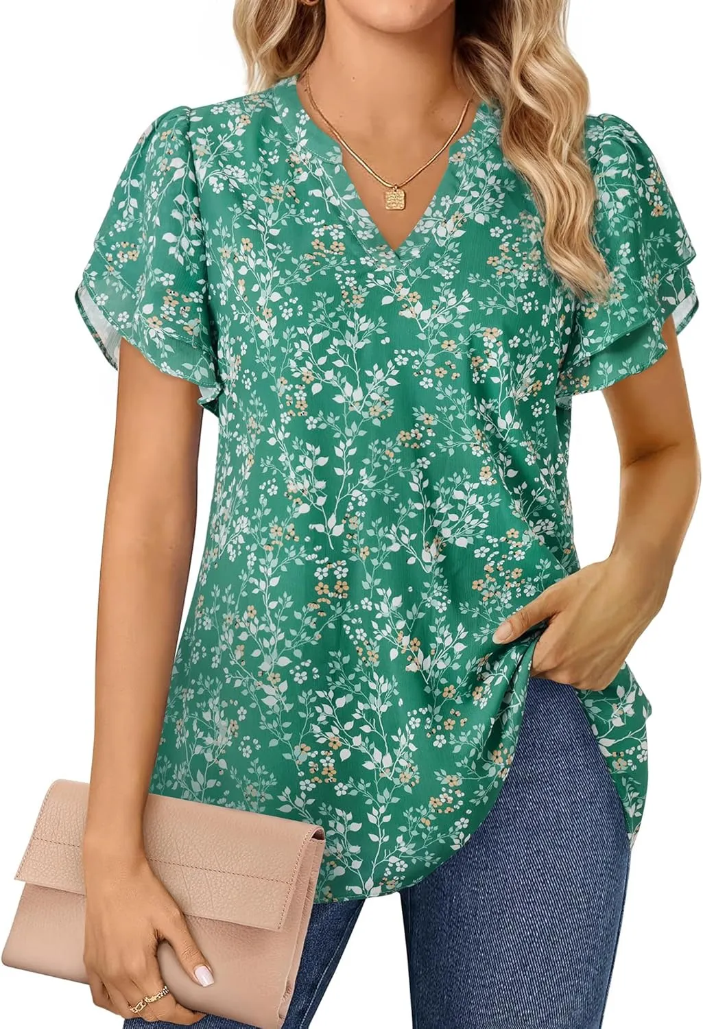 Women Tops Dressy Casual Short Sleeve Blouses Petal Ruffle Shirts V Neck Chiffon Work Business Tunic Double Layer