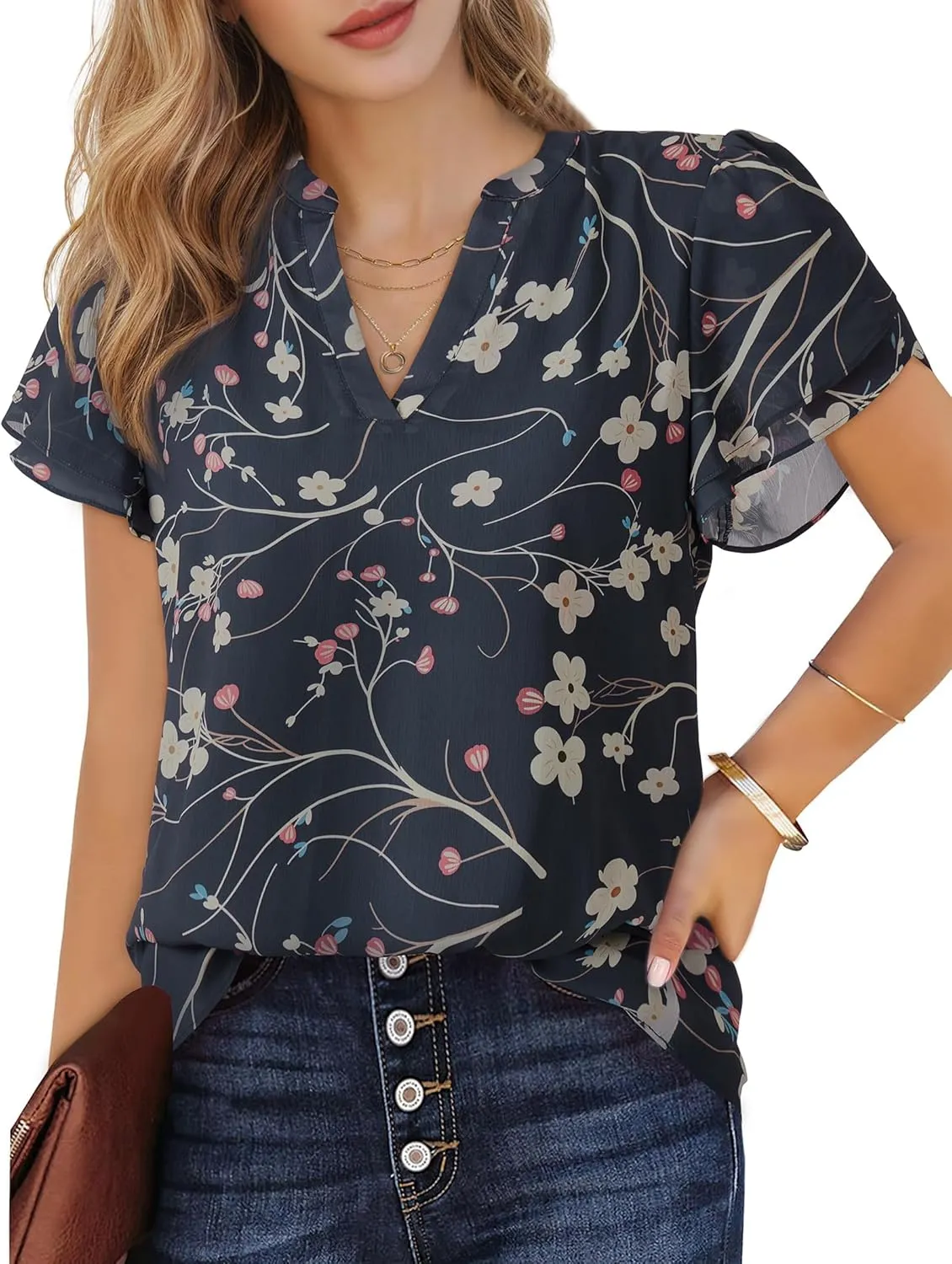 Women Tops Dressy Casual Short Sleeve Blouses Petal Ruffle Shirts V Neck Chiffon Work Business Tunic Double Layer