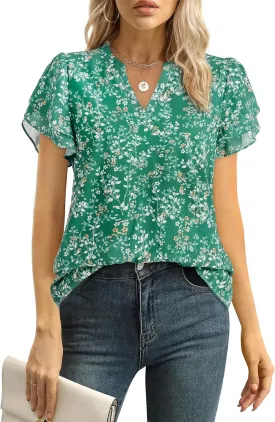 Women Tops Dressy Casual Short Sleeve Blouses Petal Ruffle Shirts V Neck Chiffon Work Business Tunic Double Layer