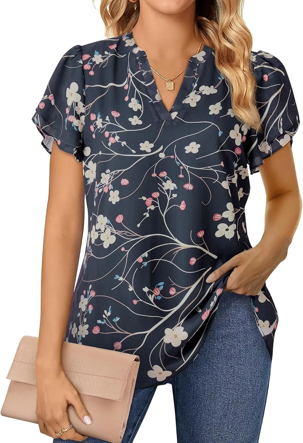 Women Tops Dressy Casual Short Sleeve Blouses Petal Ruffle Shirts V Neck Chiffon Work Business Tunic Double Layer